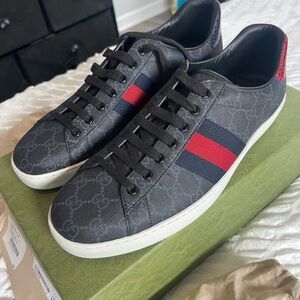 Gucci Black and Red Sneakers with Textured Fabric and White Sole
